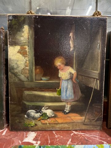 École Française XIXe-XXe « Jeune fille donnant à manger aux lapin...
