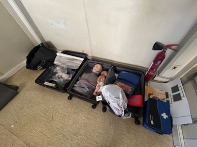 Plusieurs valises sont alignées sur le sol dans une pièce