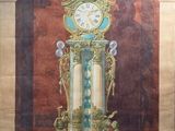 une peinture représentant une horloge accrochée au mur d'un immeuble