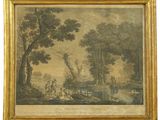 un tableau représentant une scène fluviale avec des personnages sur un pont