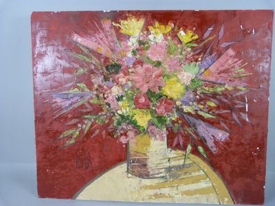 une peinture représentant un vase de fleurs sur une table