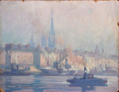 peinture d'un bateau sur un plan d'eau avec une ville en arrière-plan