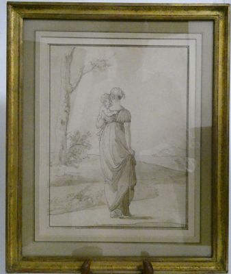 an old drawing of a woman in a dress is hanging on a wall