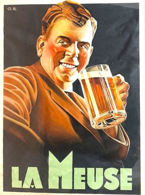 Affiche bière LA MEUSE. Monogrammée GE en haut à gauche dans…