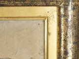 an oil painting of a boat on the water in a gold frame