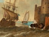 a painting of a ship in the water with a castle in the background