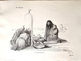 dessin représentant un homme et une femme assis par terre près d'une tombe