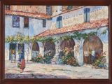 une peinture à l'huile représentant une femme marchant devant un immeuble