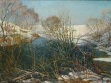 painting of a stream in a snowy landscape with snow on the ground