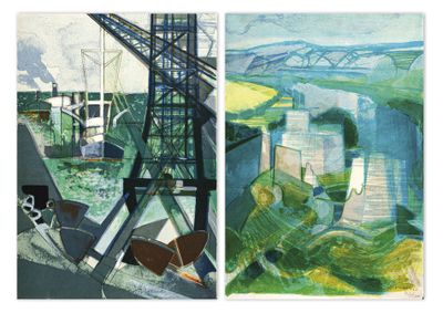 deux tableaux représentant une vue de ville et un pont