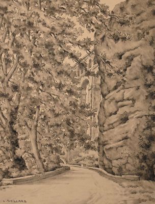 dessin représentant une route dans les bois, bordée d'arbres de chaque côté