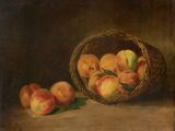 a painting of peachs in a basket with leaves on a table