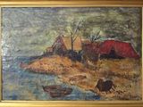 an oil painting of a village by the water with a horse in the foreground