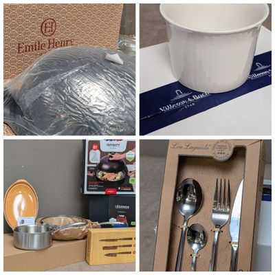 plusieurs photos représentant divers aliments, notamment une tasse, une cuillère et une fourchette