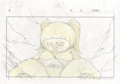 dessin représentant un enfant déguisé en ours, assis devant un tableau