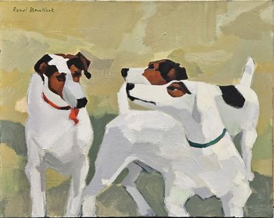 painting of two white and brown dogs standing next to each other