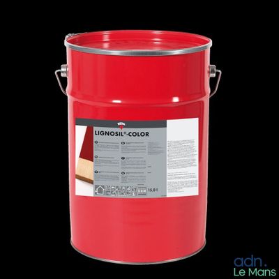 un seau de peinture rouge sur lequel est collée une étiquette