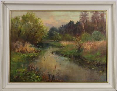 une peinture à l'huile représentant un ruisseau traversant une forêt remplie d'arbres