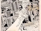 une image tirée d'une bande dessinée représentant une femme survolant une ville
