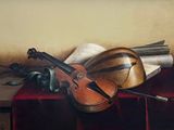 un tableau représentant un violon et une trompette posés sur une table