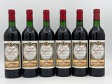 six bottles of red wine lined up in a row on a white surface