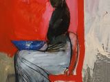 a painting of a woman sitting on a chair in front of a red wall