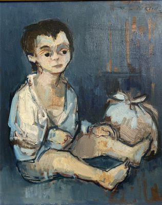 an oil painting of a young boy sitting on the ground with a pig
