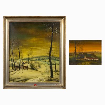 deux tableaux représentant un paysage enneigé avec une maison et des arbres