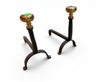 pair of antique brass candlesticks with green glass