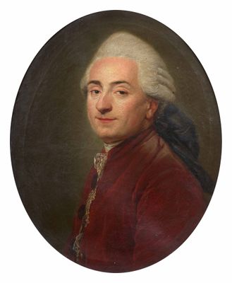 un vieux tableau représentant un homme vêtu d'un manteau rouge, avec un oiseau sur l'épaule