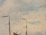 painting of a sailboat in a body of water on a cloudy day