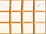 a picture of a wooden shelf with a bunch of papers on it
