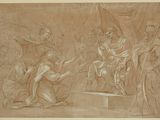 an old drawing of a man sitting on a bench in front of a group of people