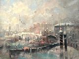 a painting of a boat in the water near a pier
