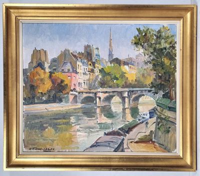 une peinture à l'huile représentant un pont sur une rivière avec des bâtiments à l'arrière-plan