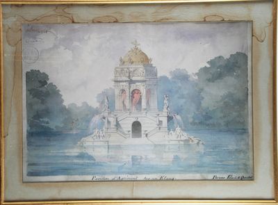 une aquarelle représentant une fontaine au milieu d'un lac