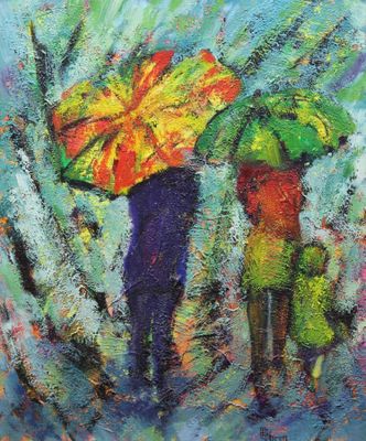 painting of two people with umbrellas walking in the rain