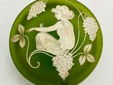 an image of a green glass box with a woman sitting on a branch