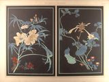 two framed pictures of flowers on a black background