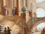 an image of a painting of a group of people outside a building