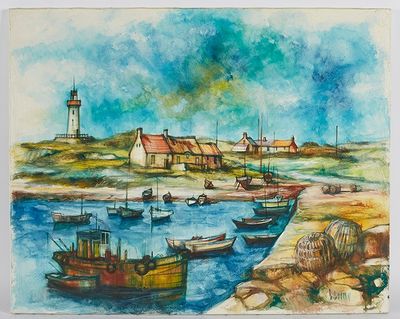 un tableau représentant des bateaux dans un port, avec un phare en arrière-plan