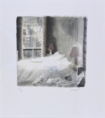 an image of a drawing of a bed in a room with a window