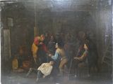 peinture d'un groupe de personnes assises autour d'une table dans une pièce