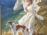 une peinture à l'huile représentant une femme et un chien dans un champ