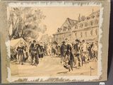 an old drawing of a group of people walking down a street