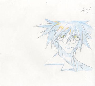 dessin d'anime représentant un garçon à lunettes aux cheveux bleus