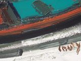 a painting of a boat that is sitting on a table