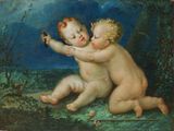 painting of two babies playing with a bird in a wooded area