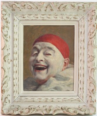 painting of a laughing child with a red hat in a white frame