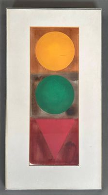 painting of a traffic light with a red, green, and yellow light on it